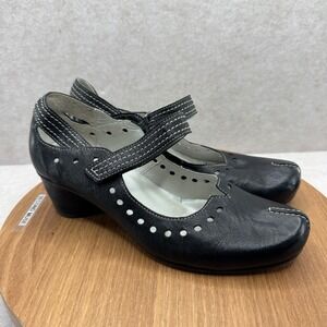 Fidji Mary Jane Heels Sz 37 6.5 Black Leather Perforated Whimsigoth Retro Chunky
